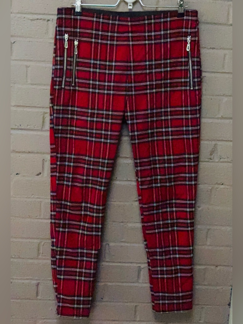 Zara  Red & Black Plaid Skinny Pants front zippers XL - Picture 2 of 10